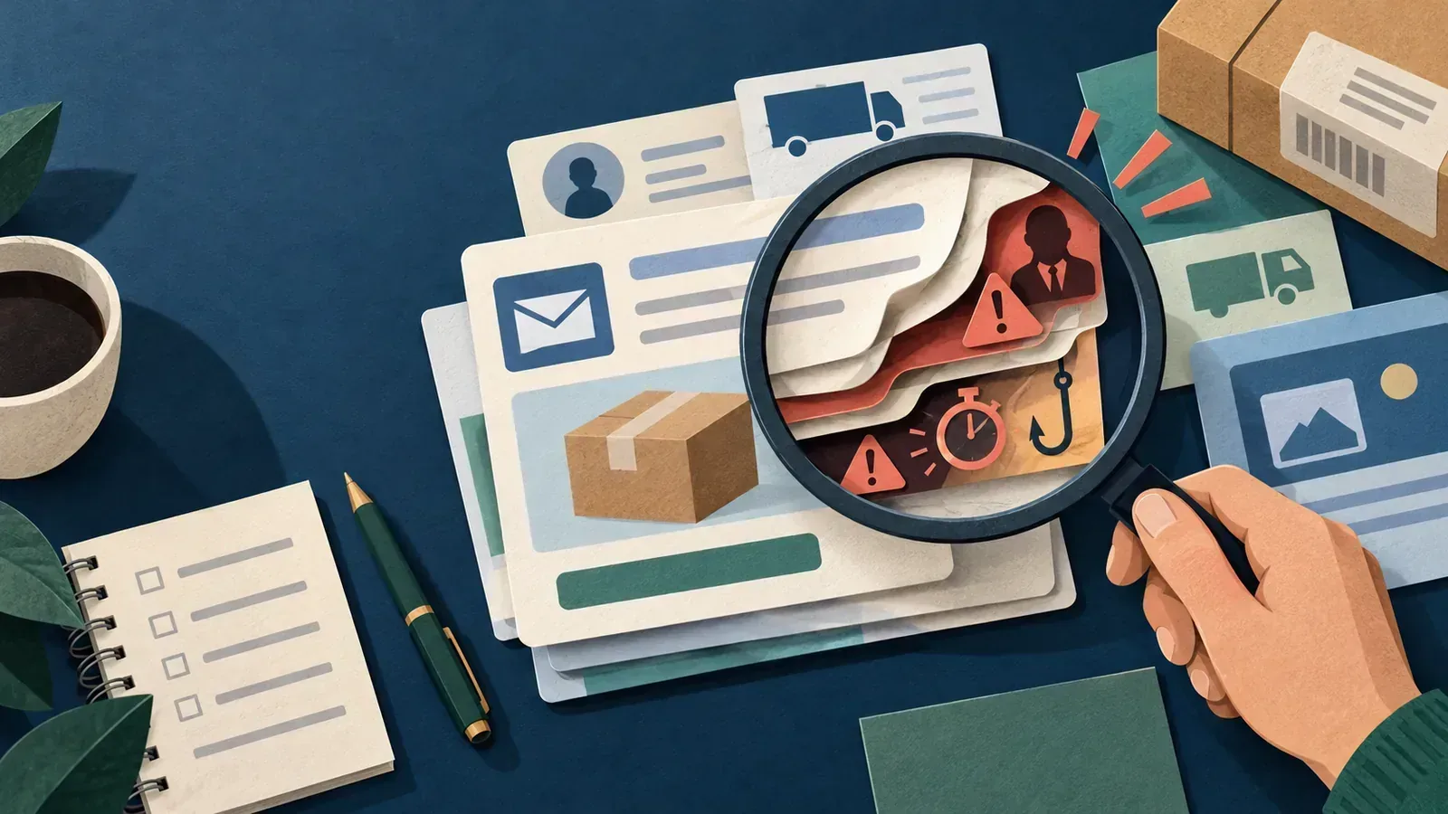 Transaction and delivery evidence being checked for payment and marketplace warning signs