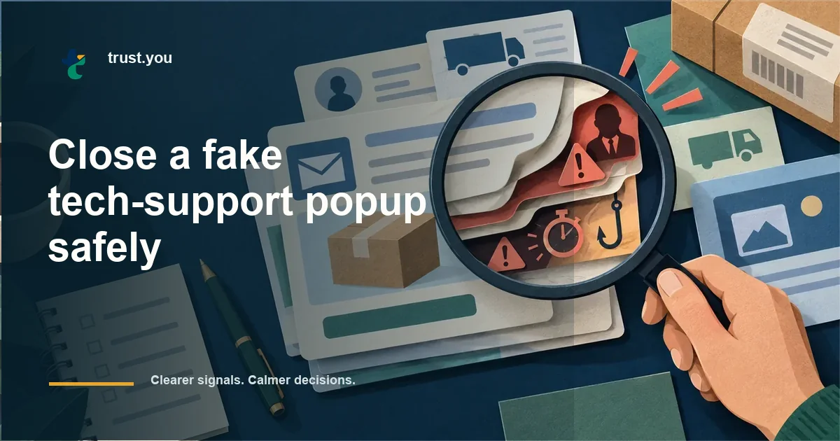 Illustrated guide to close a fake tech-support popup safely
